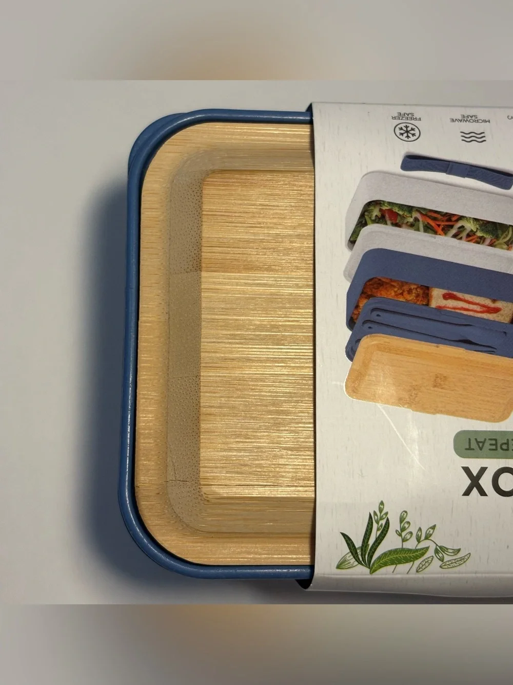 NWT Lunch Box Bento 2 Tier Leak Proof Cutlery Blue White Nesting Bamboo Lid